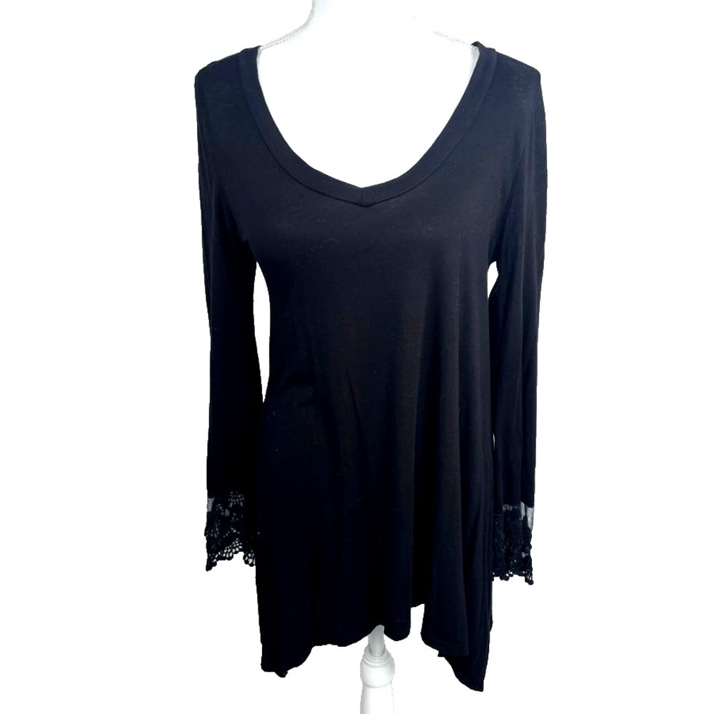 Black Lace Trim Tunic Top V Neck Long Sleeve Women's Size S